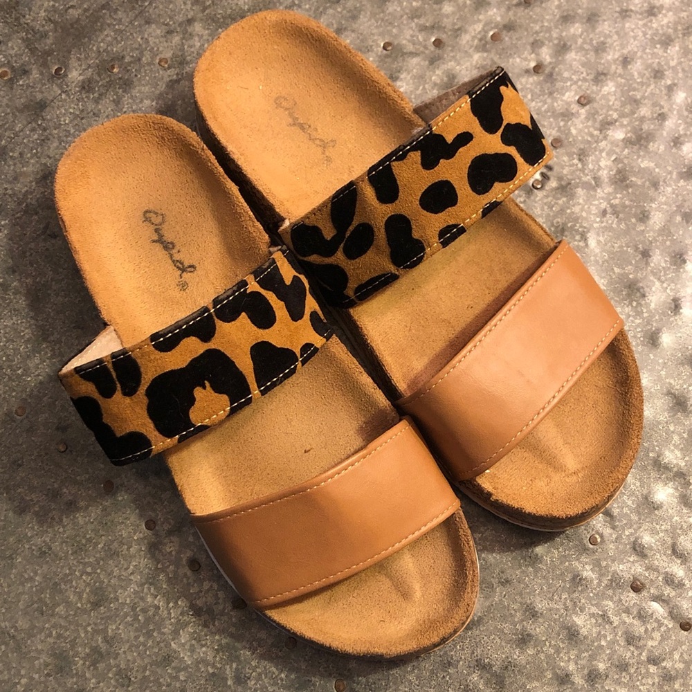 Qupid Leopard Print & Tan Birk inspired Slide Sandals